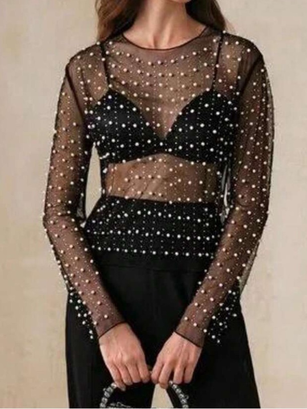 Sheer Black Pearl-Embellished Long Sleeve Top